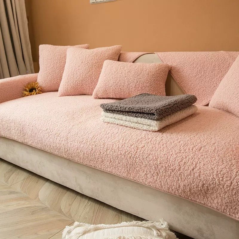 Sherpa fleece sofa cover in a soft, plush texture featuring a non-slip design, ideal for pet-friendly protection and easy machine washing. 6