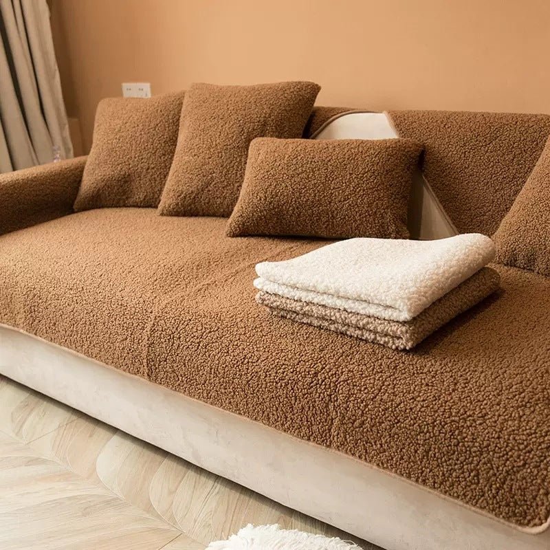 Sherpa fleece sofa cover in a soft, plush texture featuring a non-slip design, ideal for pet-friendly protection and easy machine washing. 8