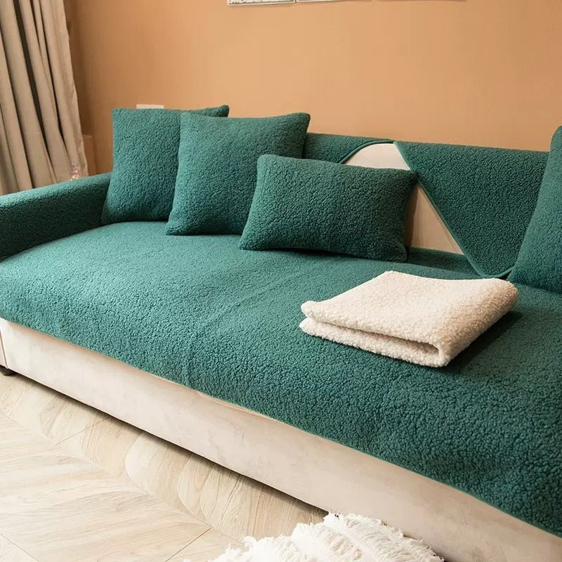 Sherpa fleece sofa cover in a soft, plush texture featuring a non-slip design, ideal for pet-friendly protection and easy machine washing. 7