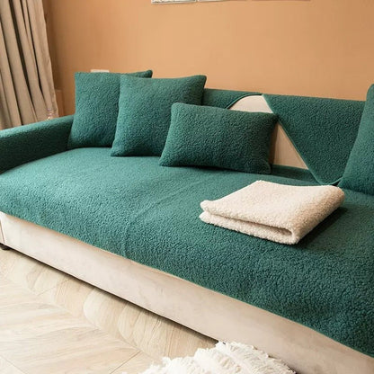 Sherpa fleece sofa cover in a soft, plush texture featuring a non-slip design, ideal for pet-friendly protection and easy machine washing. 7