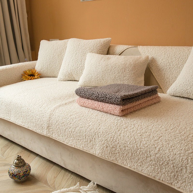 Sherpa fleece sofa cover in a soft, plush texture featuring a non-slip design, ideal for pet-friendly protection and easy machine washing. 0