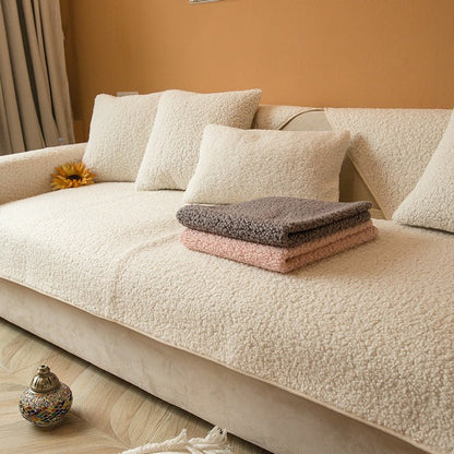 Sherpa fleece sofa cover in a soft, plush texture featuring a non-slip design, ideal for pet-friendly protection and easy machine washing. 0