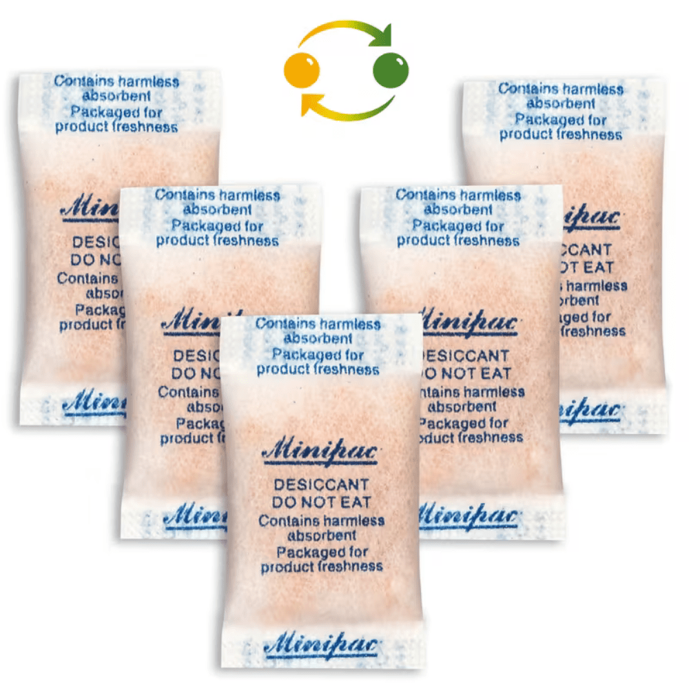 Silica gel moisture absorber packets for humidity control, 300 pack with indicating desiccant, ideal for versatile storage use, protecting items from moisture damage 1