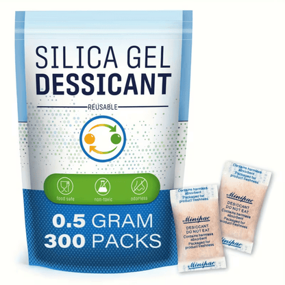 Silica gel moisture absorber packets for humidity control, 300 pack with indicating desiccant, ideal for versatile storage use, protecting items from moisture damage 0
