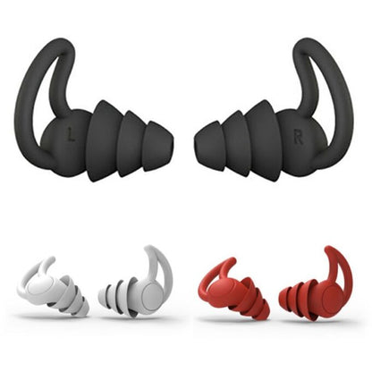 Silicone earplugs for sleeping in black, red, and white, featuring a comfortable reusable design for effective noise reduction. 2
