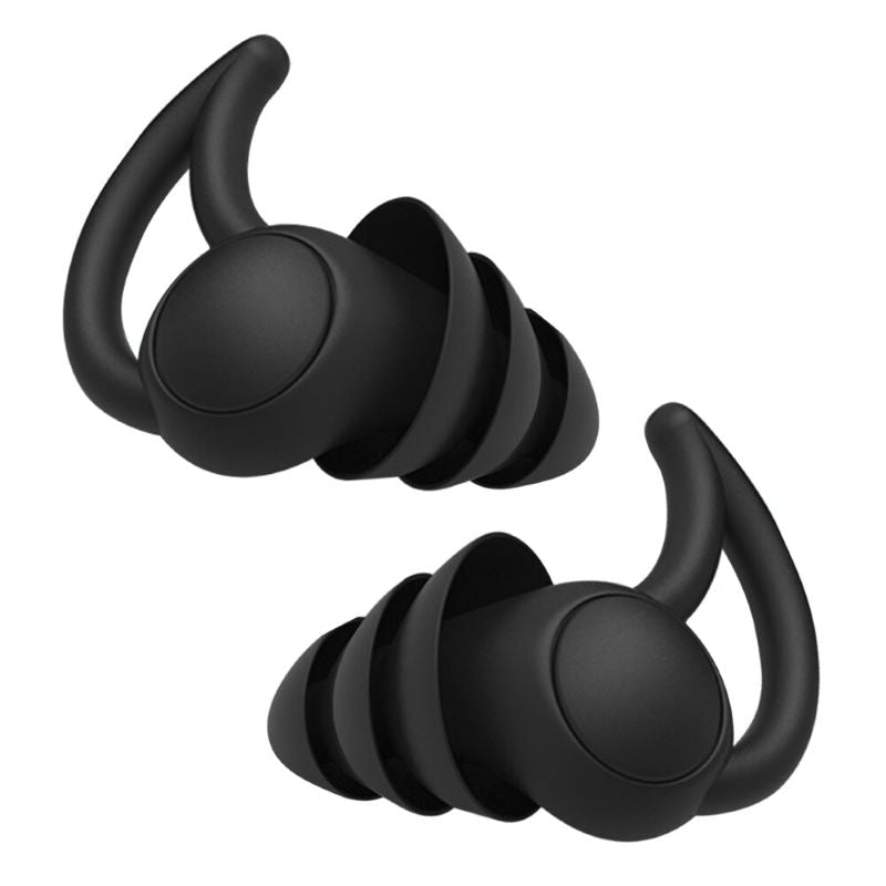 Silicone earplugs for sleeping in black, red, and white, featuring a comfortable reusable design for effective noise reduction. 3