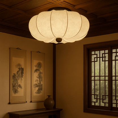 Silk ceiling lamp with LED lighting in medieval design, featuring a luxury fabric shade available in 40cm, 50cm, or 60cm 5