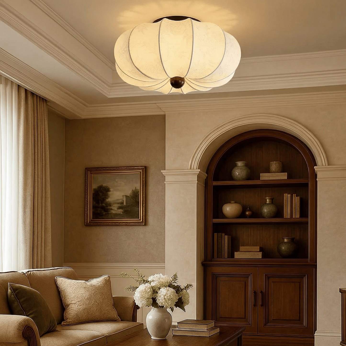 Silk ceiling lamp with LED lighting in medieval design, featuring a luxury fabric shade available in 40cm, 50cm, or 60cm 0