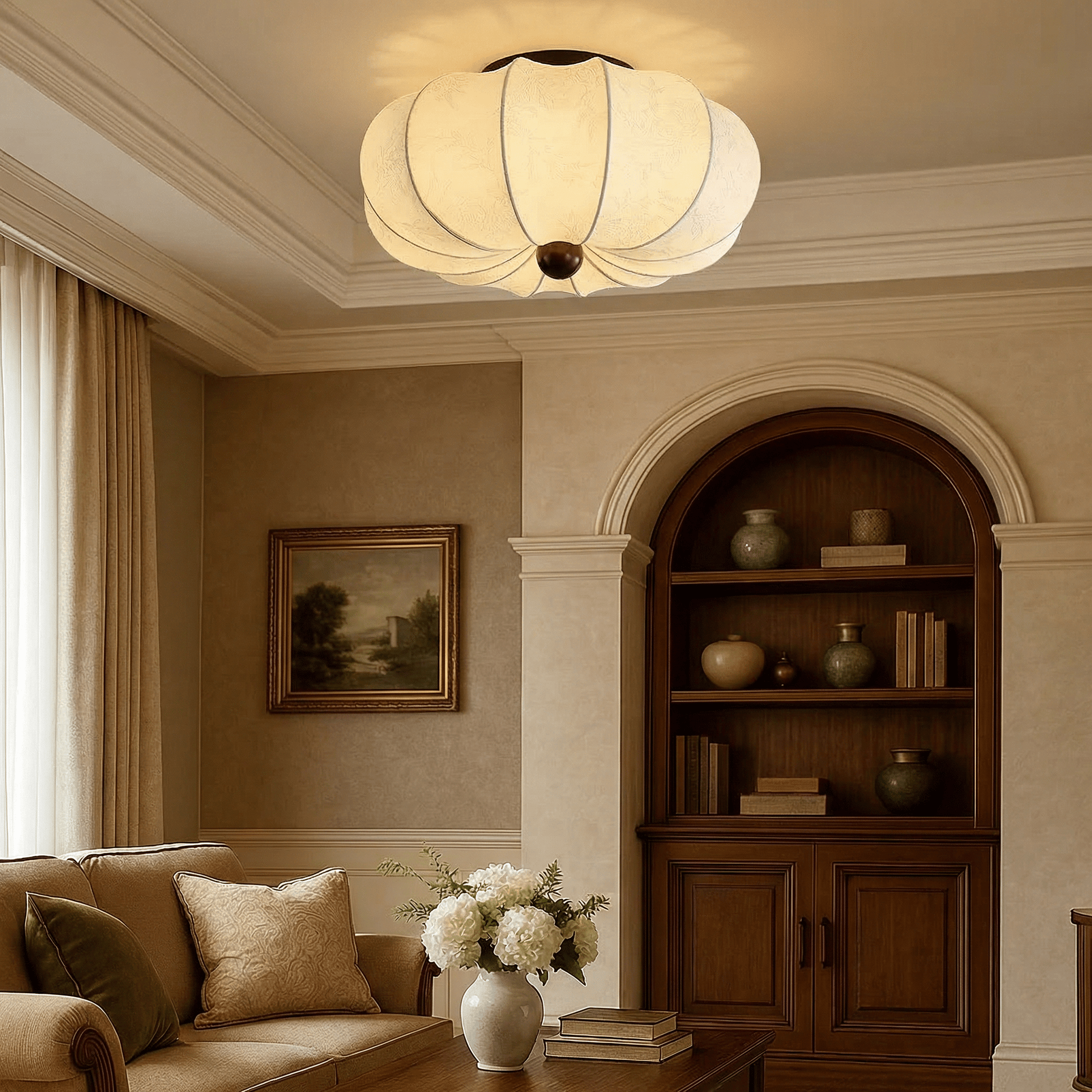 Silk ceiling lamp with LED lighting in medieval design, featuring a luxury fabric shade available in 40cm, 50cm, or 60cm 0