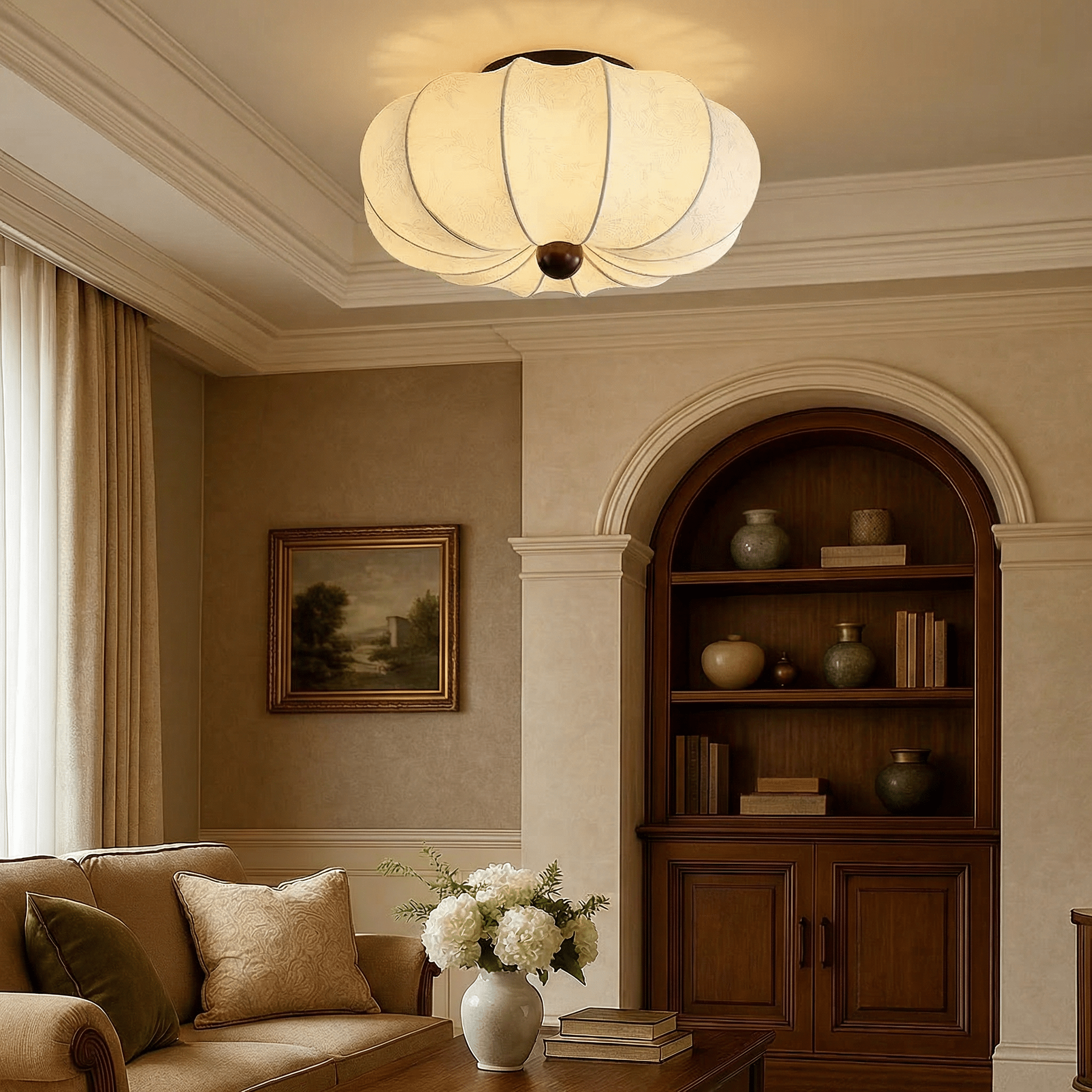 Silk ceiling lamp with LED lighting in medieval design, featuring a luxury fabric shade available in 40cm, 50cm, or 60cm 0