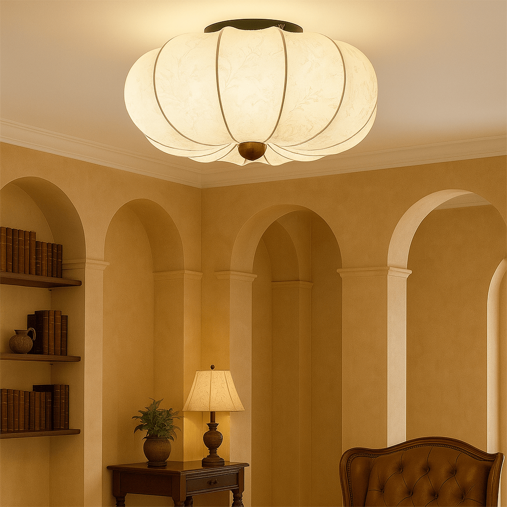 Silk ceiling lamp with LED lighting in medieval design, featuring a luxury fabric shade available in 40cm, 50cm, or 60cm 2