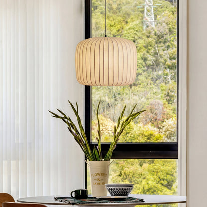 Silk hanging lamp with adjustable height featuring a warm LED glow, designed in a minimalist style for elegant kitchen pendant lighting. 0