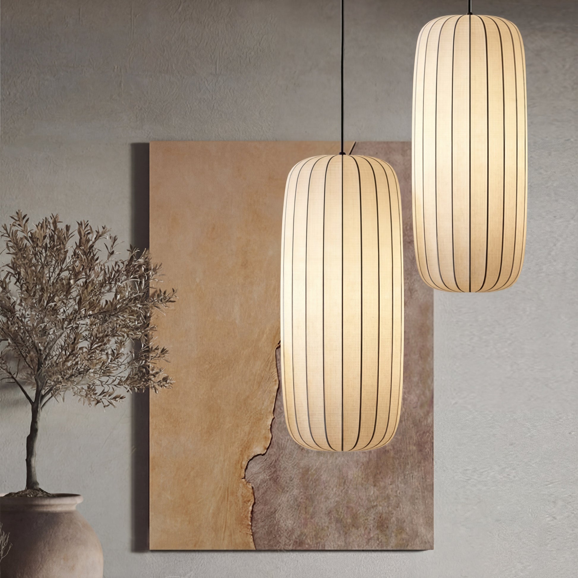 Silk hanging lamp with adjustable height featuring a warm LED glow, designed in a minimalist style for elegant kitchen pendant lighting. 3