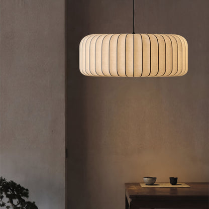 Silk hanging lamp with adjustable height featuring a warm LED glow, designed in a minimalist style for elegant kitchen pendant lighting. 2