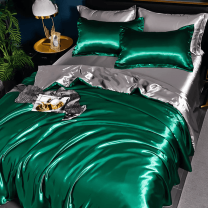 Silk-look bedding set featuring a stylish duvet cover and two matching pillowcases, made from breathable polyester for a luxurious and comfortable sleep experience. 12