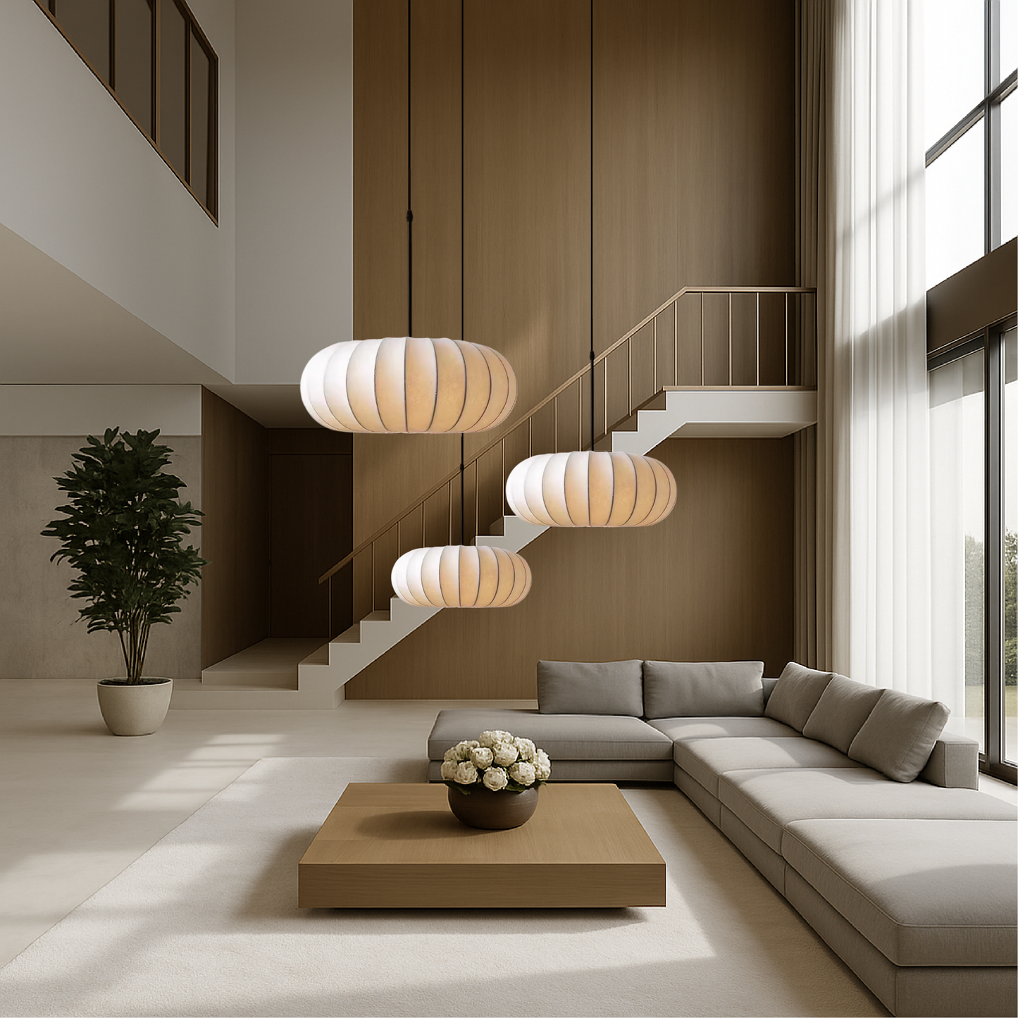 Silk pendant lamp with warm LED light in modern minimalist design, adjustable height, available in 30cm, 40cm, and 50cm 6