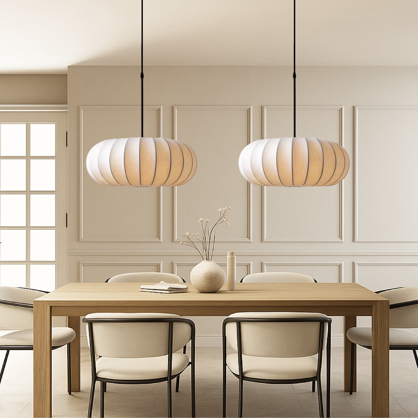 Silk pendant lamp with warm LED light in modern minimalist design, adjustable height, available in 30cm, 40cm, and 50cm 2