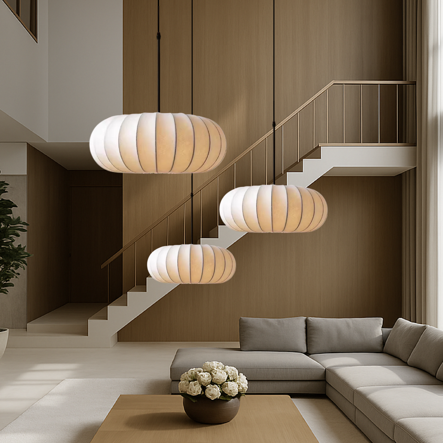 Silk pendant lamp with warm LED light in modern minimalist design, adjustable height, available in 30cm, 40cm, and 50cm 3