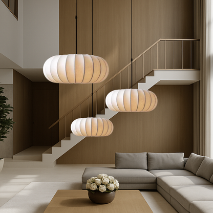Silk pendant lamp with warm LED light in modern minimalist design, adjustable height, available in 30cm, 40cm, and 50cm 3