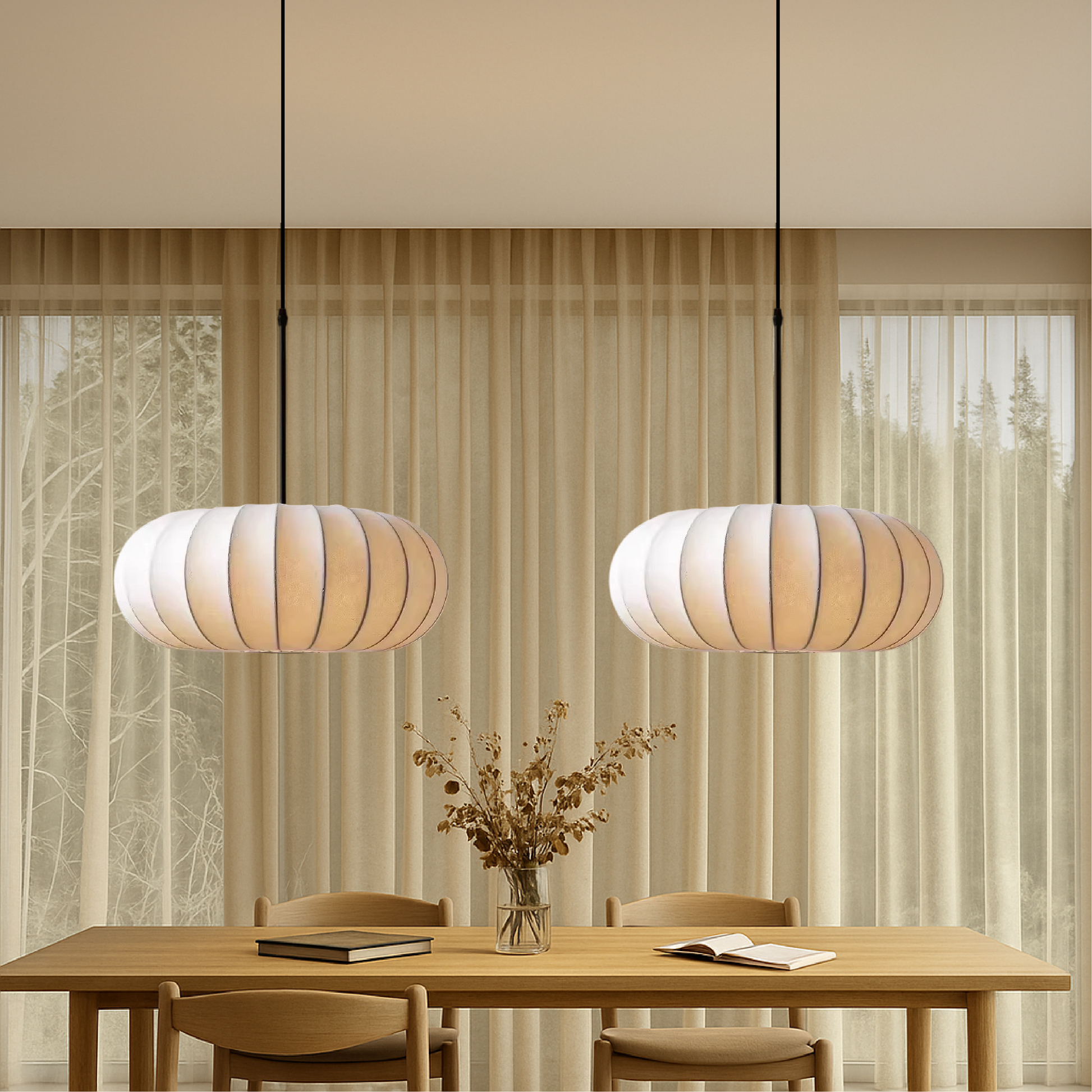 Silk pendant lamp with warm LED light in modern minimalist design, adjustable height, available in 30cm, 40cm, and 50cm 4