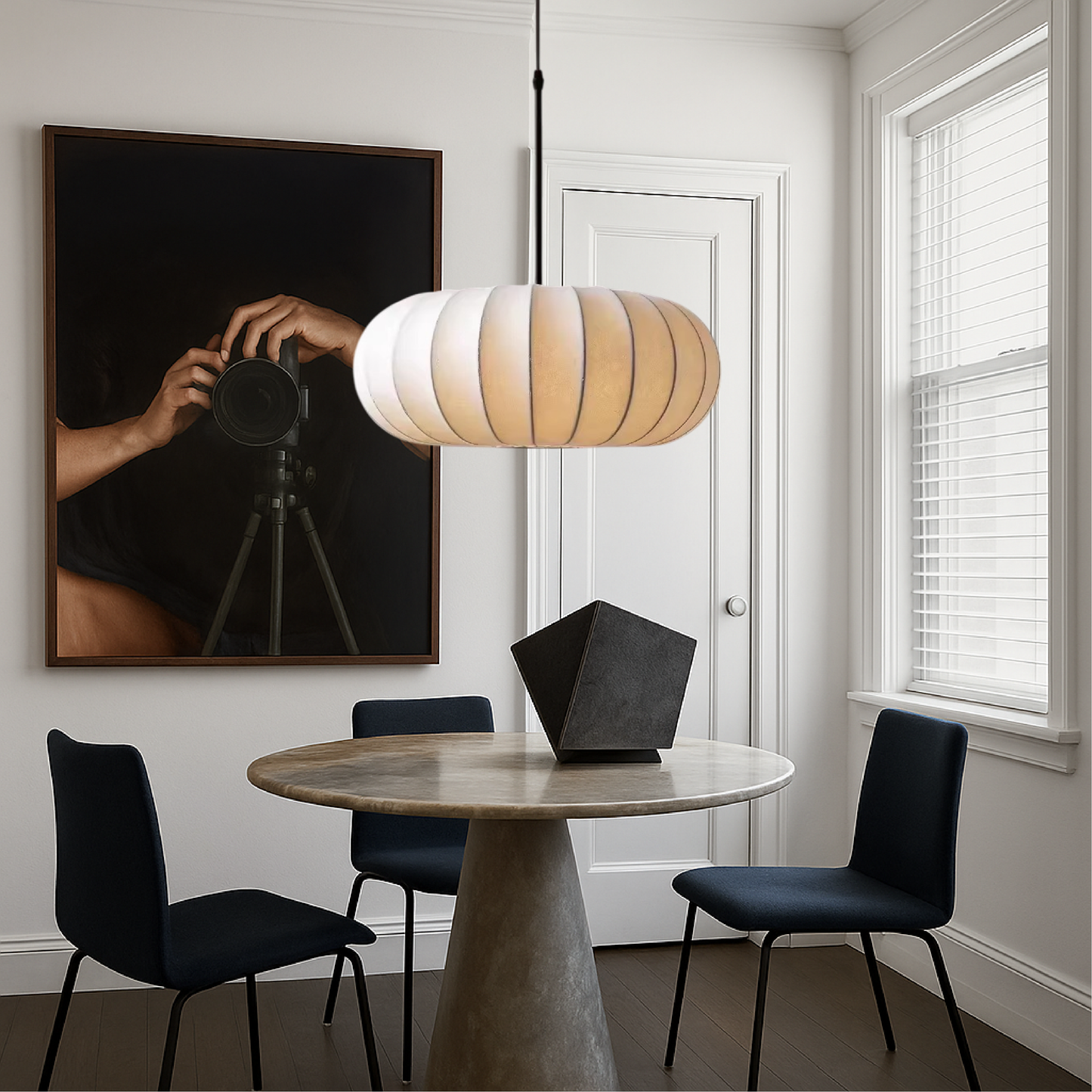 Silk pendant lamp with warm LED light in modern minimalist design, adjustable height, available in 30cm, 40cm, and 50cm 5