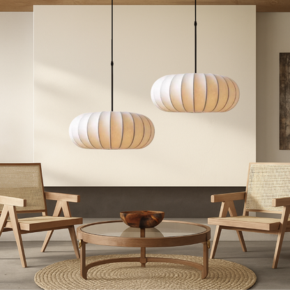 Silk pendant lamp with warm LED light in modern minimalist design, adjustable height, available in 30cm, 40cm, and 50cm 9