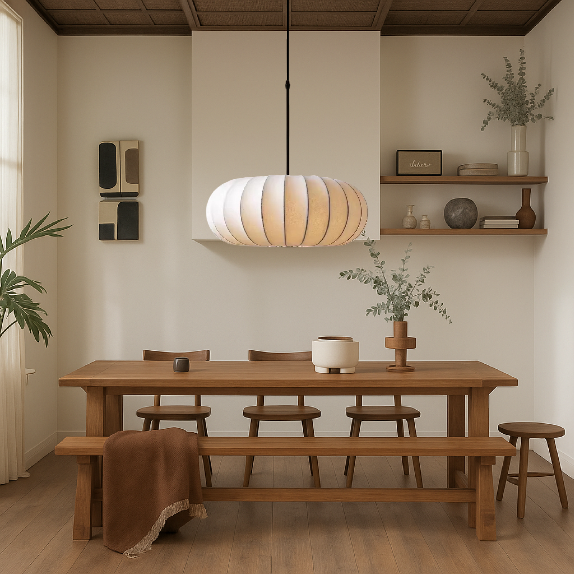 Silk pendant lamp with warm LED light in modern minimalist design, adjustable height, available in 30cm, 40cm, and 50cm 1