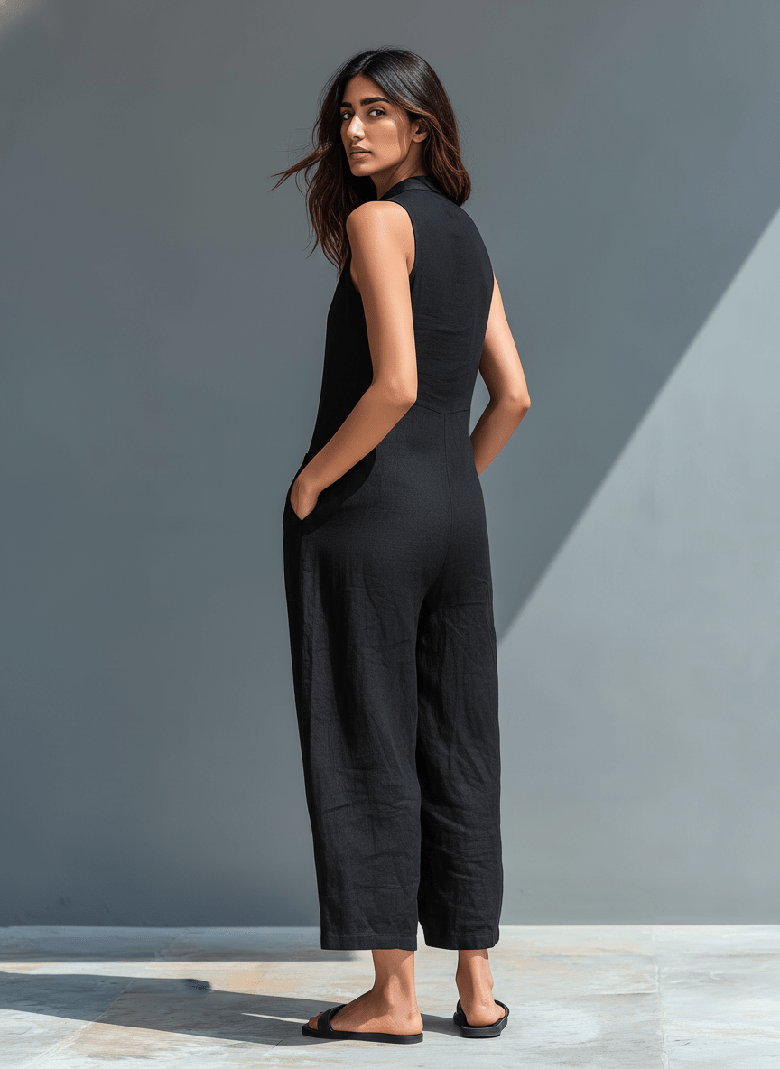 Sleeveless jumpsuit with a mandarin collar made from lightweight, breathable fabric, perfect for an elegant and stylish look. 2