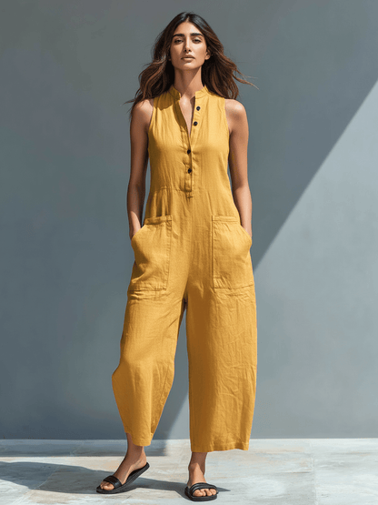 Sleeveless jumpsuit with a mandarin collar made from lightweight, breathable fabric, perfect for an elegant and stylish look. 5