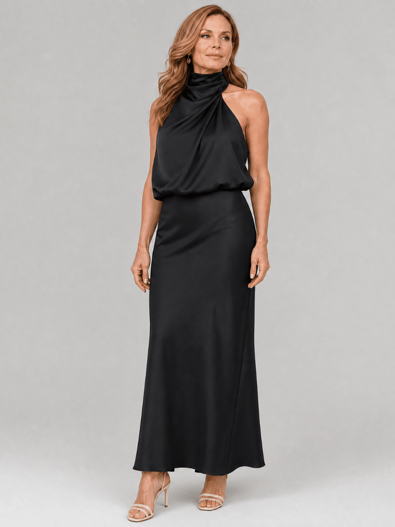 Sleeveless midi dress with draped neckline and gathered waist, showcasing elegant day-to-night wear in smooth fabric, perfect for any occasion. 7