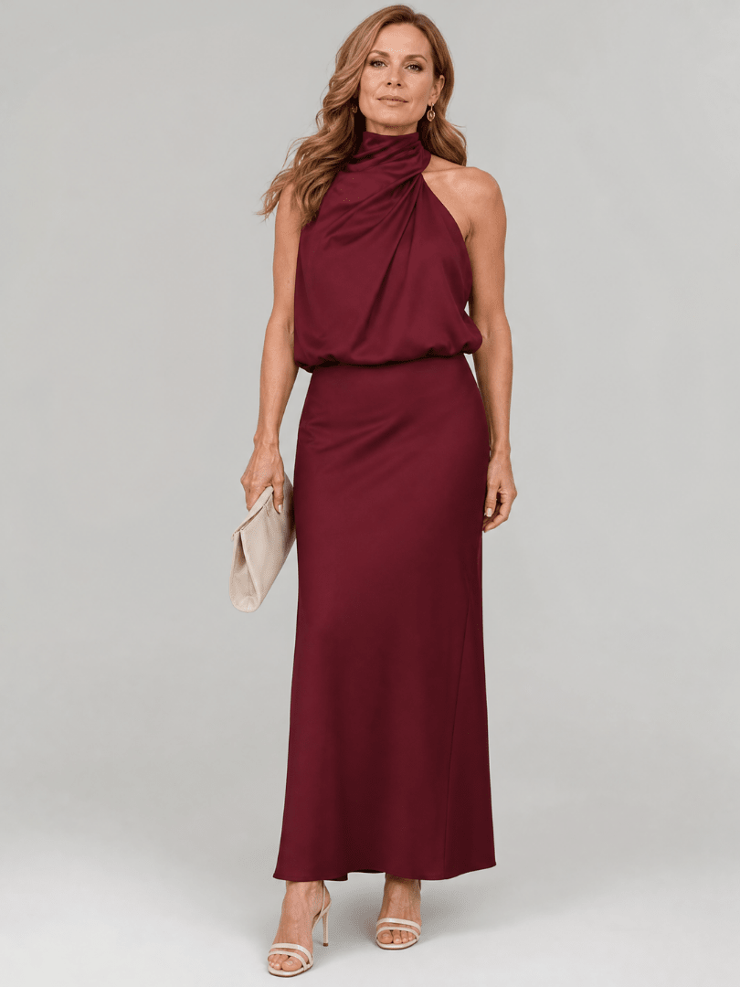 Sleeveless midi dress with draped neckline and gathered waist, showcasing elegant day-to-night wear in smooth fabric, perfect for any occasion. 0