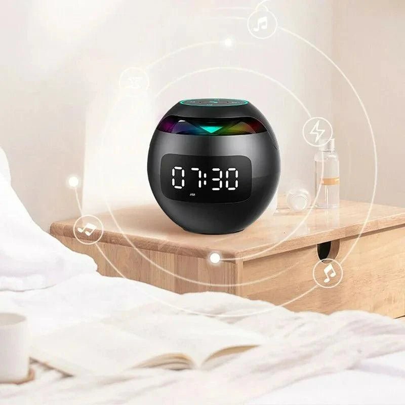 Smart digital alarm clock featuring a Bluetooth speaker and a vibrant night light, designed with a multifunctional LED display perfect for bedroom use. 3