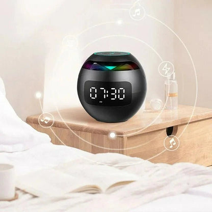 Smart digital alarm clock featuring a Bluetooth speaker and a vibrant night light, designed with a multifunctional LED display perfect for bedroom use. 3