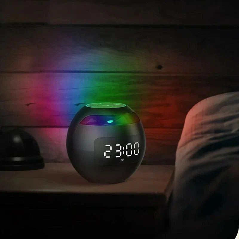 Smart digital alarm clock featuring a Bluetooth speaker and a vibrant night light, designed with a multifunctional LED display perfect for bedroom use. 2