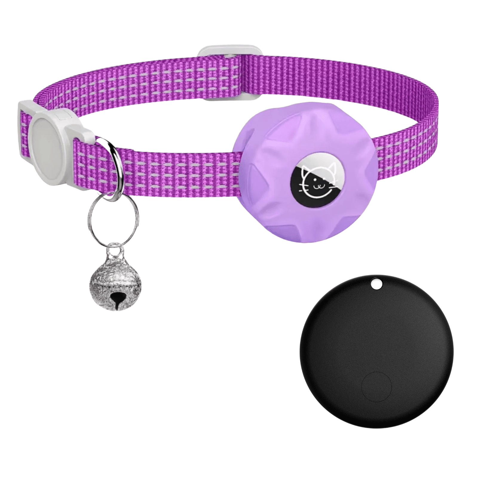 Smart Pet Tracker featuring a reflective collar designed for dogs and cats, equipped with Bluetooth location tracking and an alarm function for enhanced safety and monitoring. 13