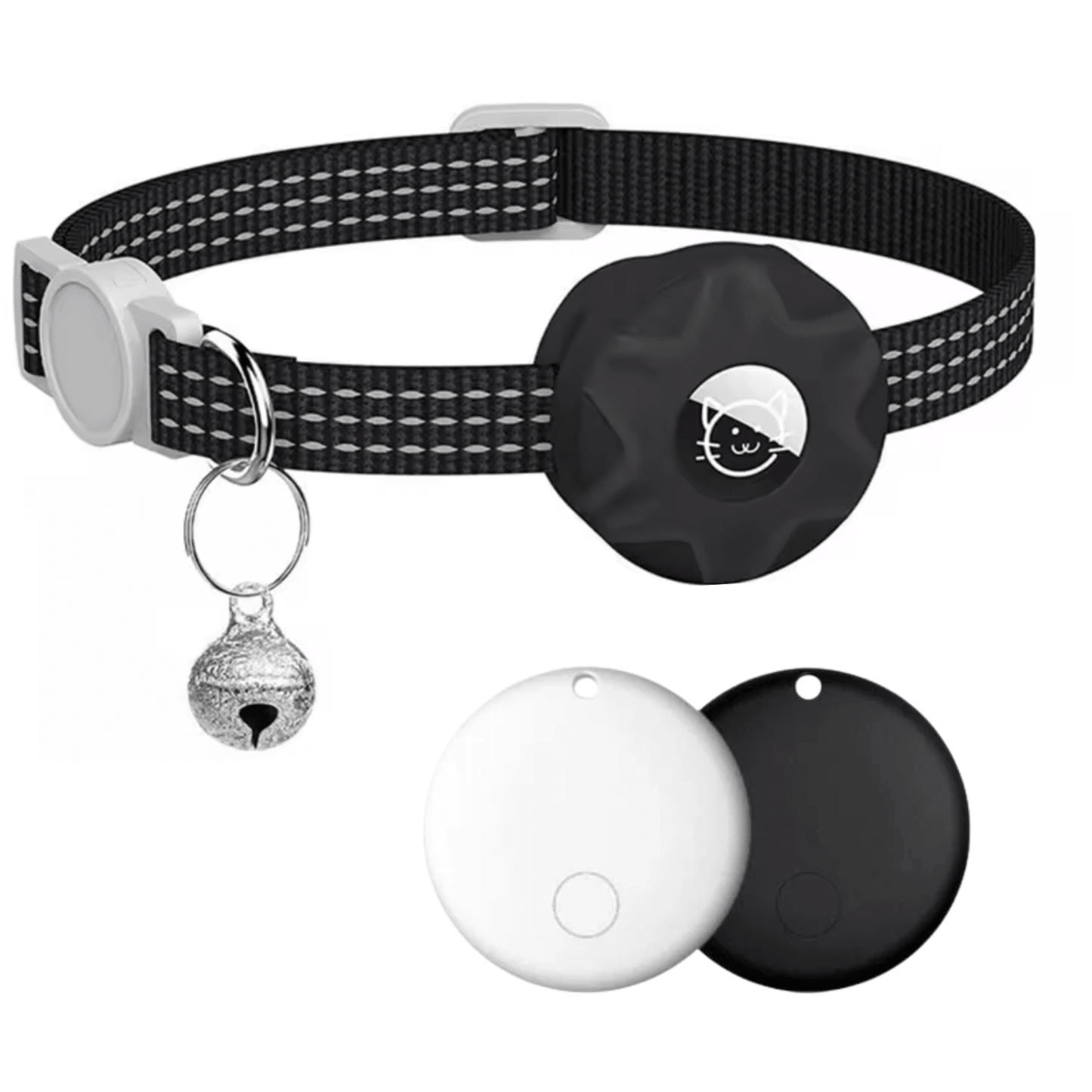 Smart Pet Tracker featuring a reflective collar designed for dogs and cats, equipped with Bluetooth location tracking and an alarm function for enhanced safety and monitoring. 1