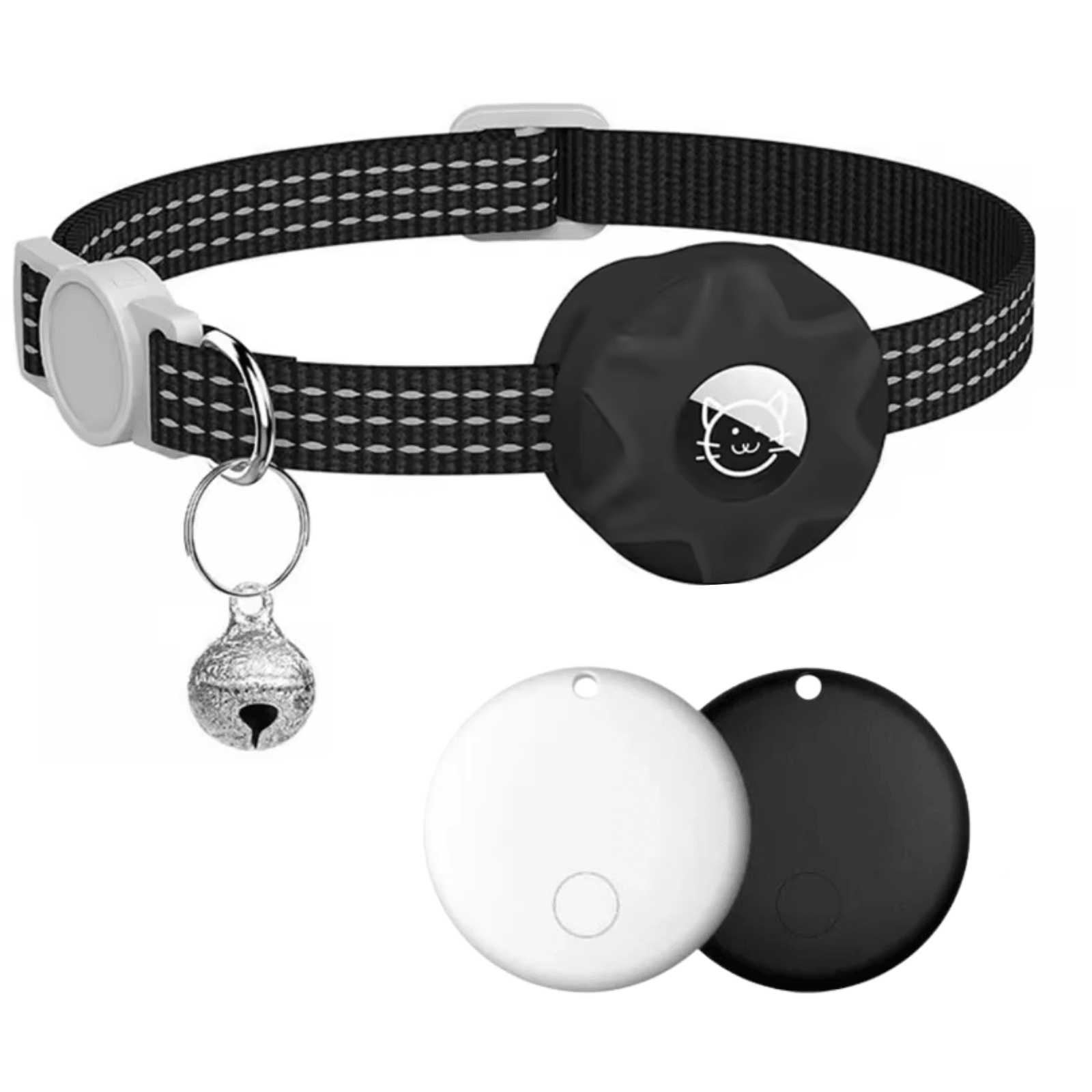 Smart Pet Tracker featuring a reflective collar designed for dogs and cats, equipped with Bluetooth location tracking and an alarm function for enhanced safety and monitoring. 1