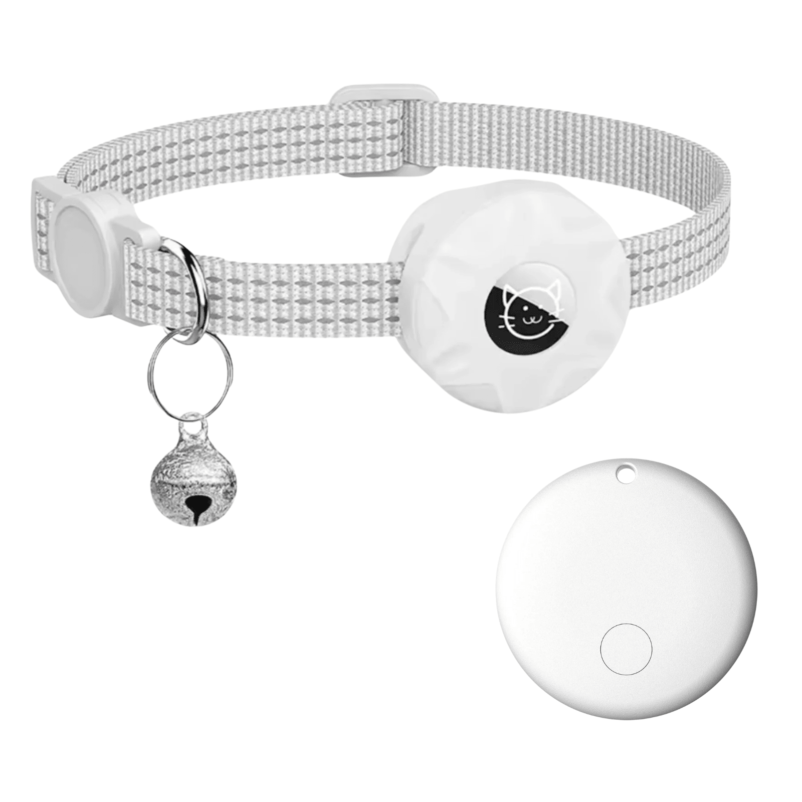Smart Pet Tracker featuring a reflective collar designed for dogs and cats, equipped with Bluetooth location tracking and an alarm function for enhanced safety and monitoring. 11