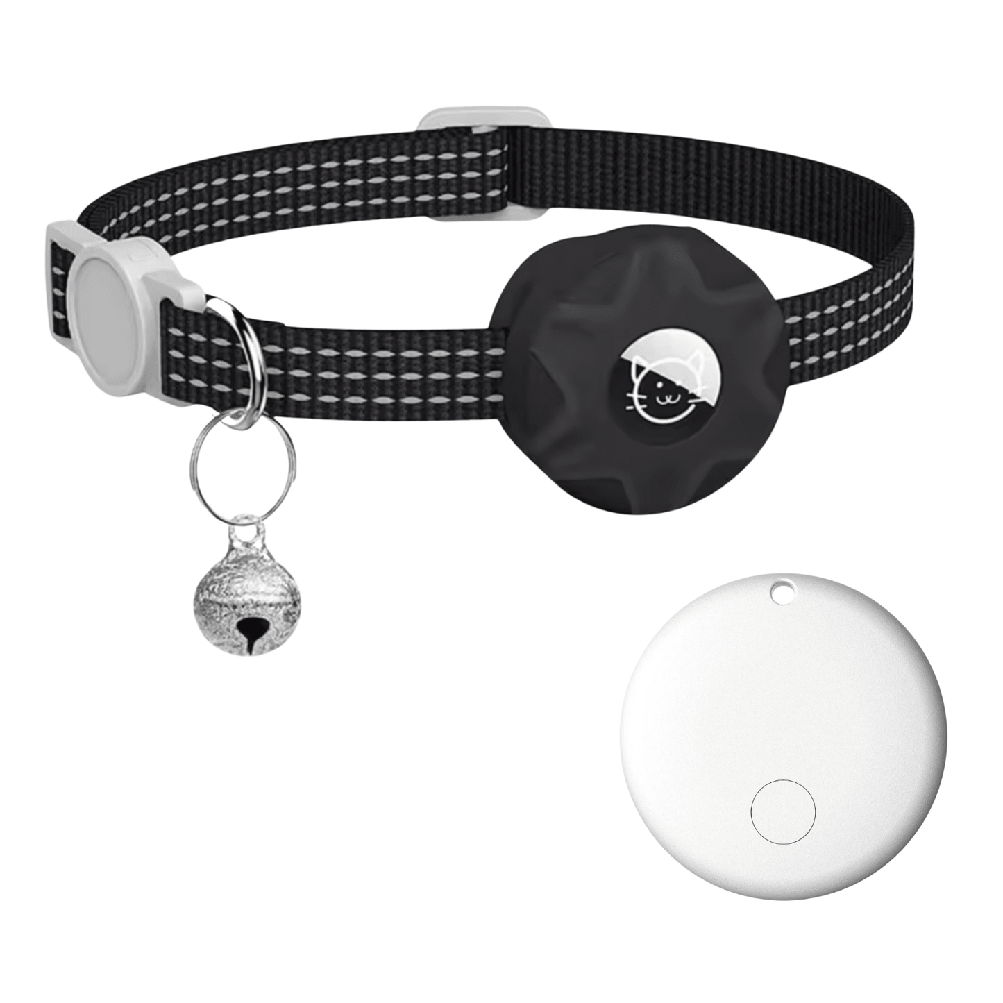 Smart Pet Tracker featuring a reflective collar designed for dogs and cats, equipped with Bluetooth location tracking and an alarm function for enhanced safety and monitoring. 0