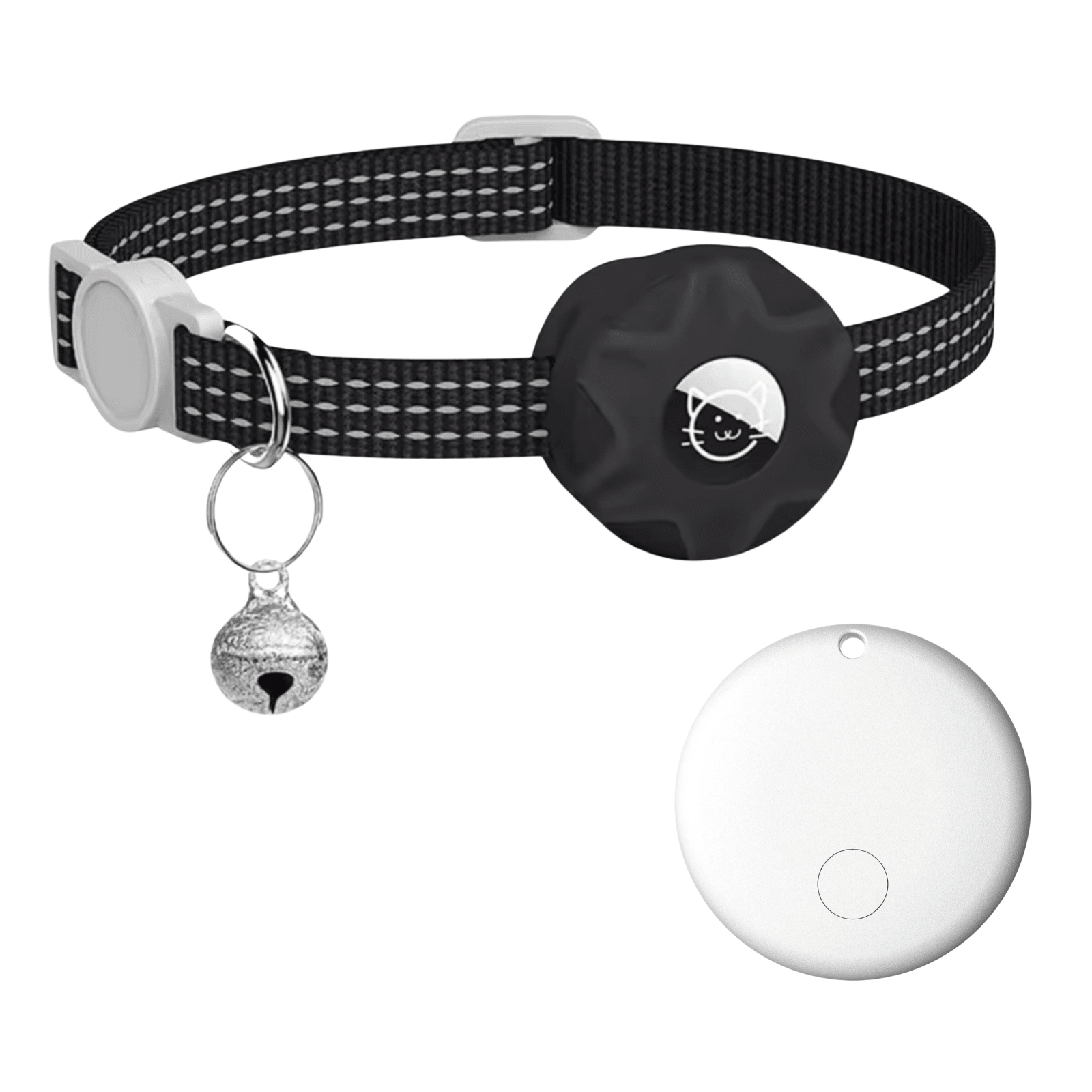 Smart Pet Tracker featuring a reflective collar designed for dogs and cats, equipped with Bluetooth location tracking and an alarm function for enhanced safety and monitoring. 0