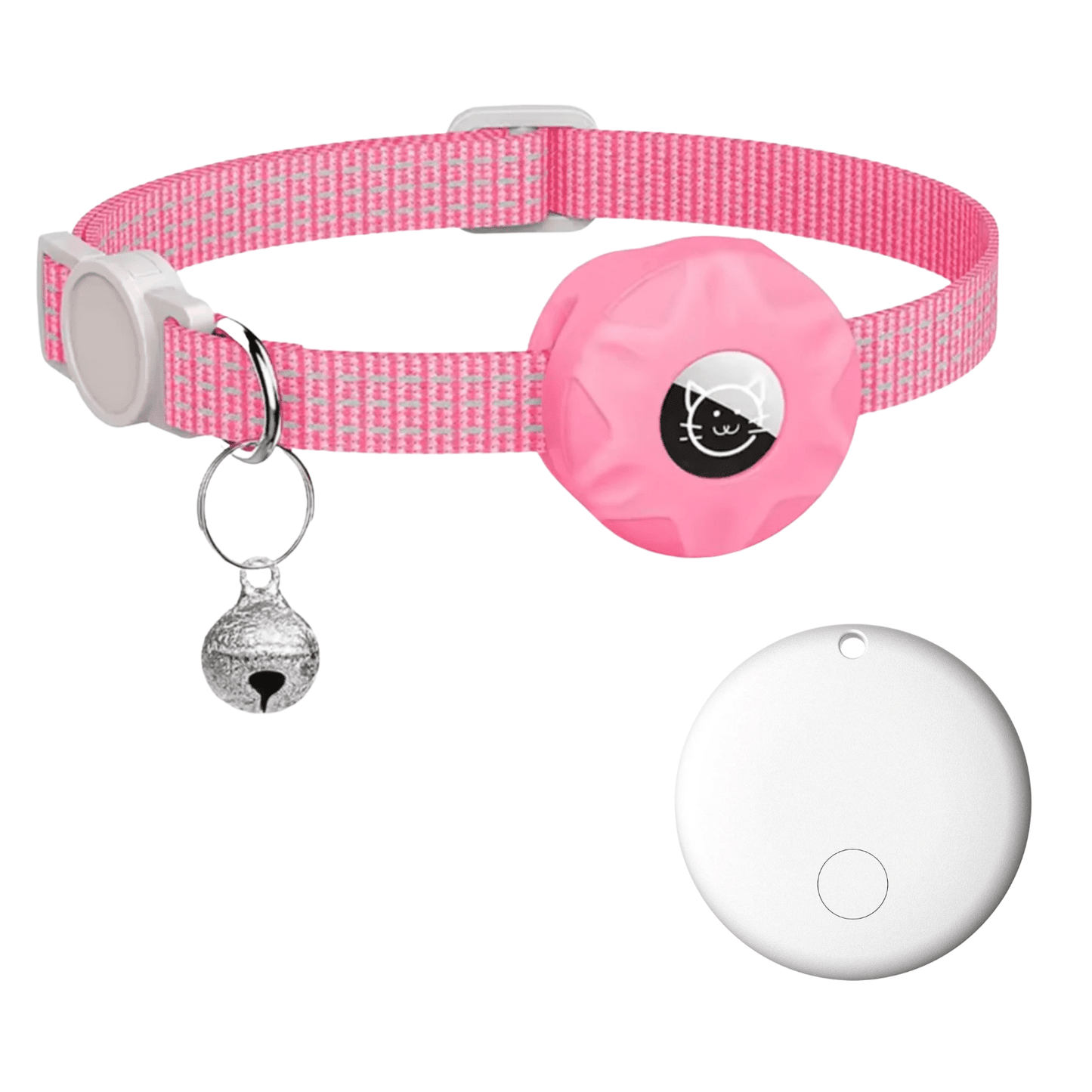 Smart Pet Tracker featuring a reflective collar designed for dogs and cats, equipped with Bluetooth location tracking and an alarm function for enhanced safety and monitoring. 14