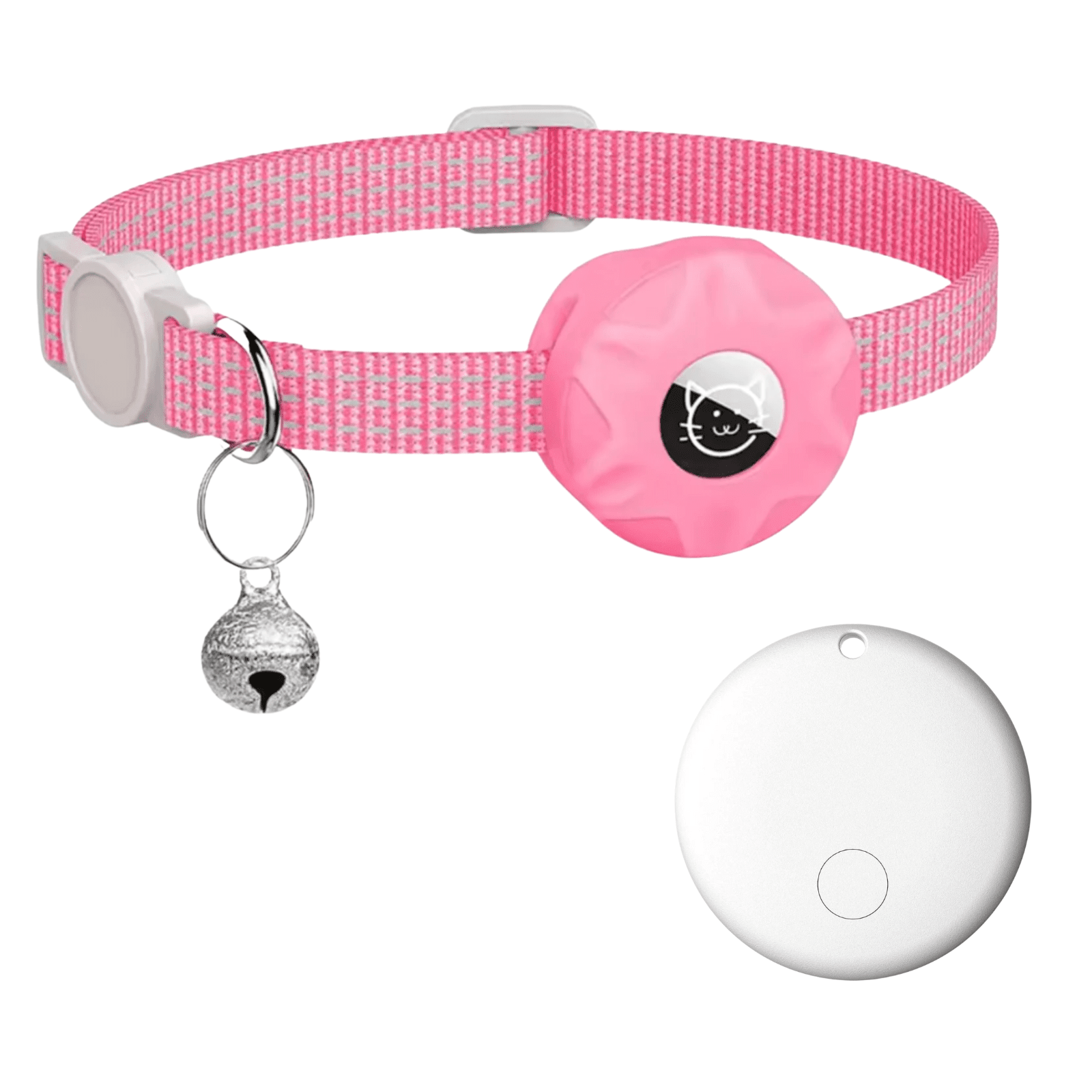 Smart Pet Tracker featuring a reflective collar designed for dogs and cats, equipped with Bluetooth location tracking and an alarm function for enhanced safety and monitoring. 14