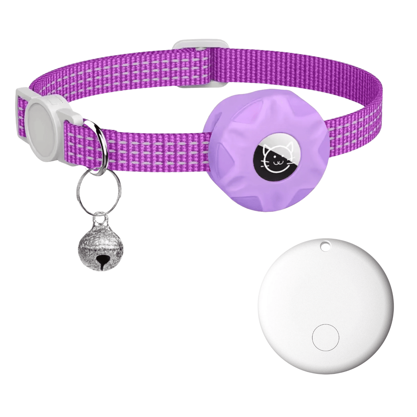 Smart Pet Tracker featuring a reflective collar designed for dogs and cats, equipped with Bluetooth location tracking and an alarm function for enhanced safety and monitoring. 12