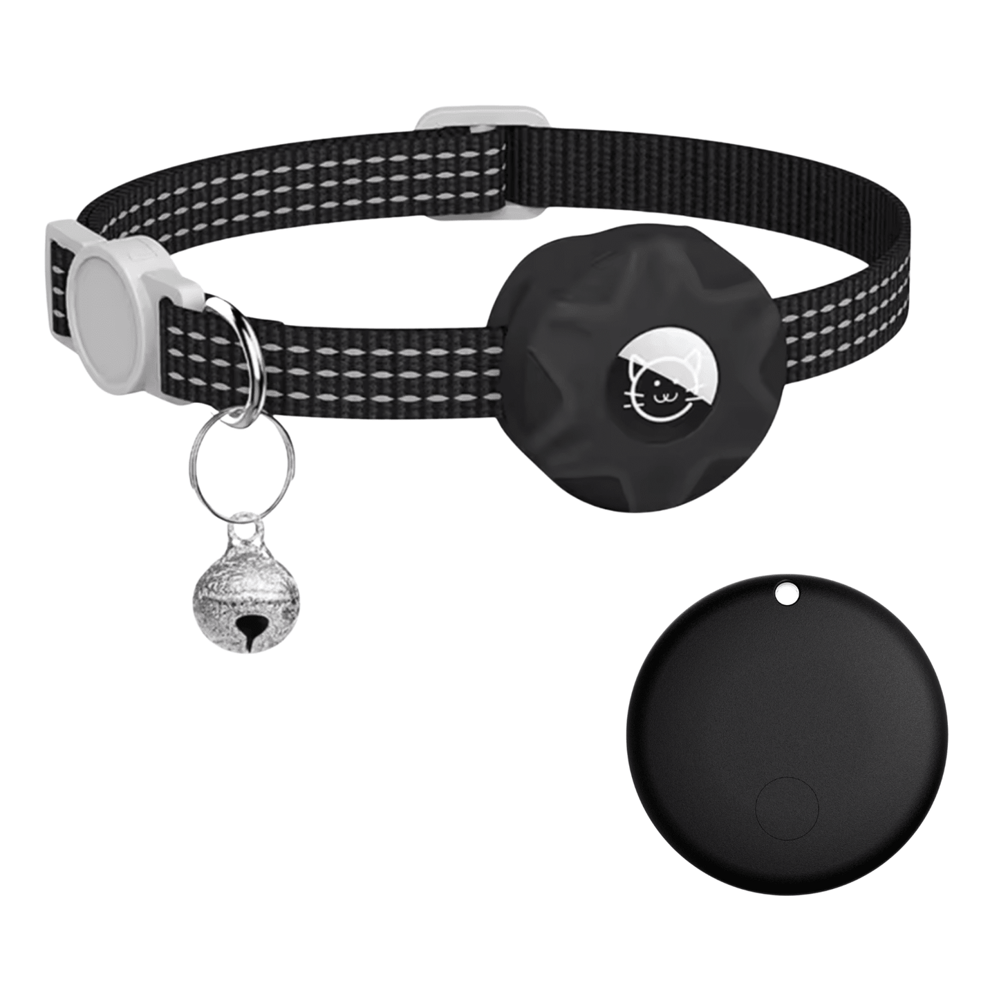 Smart Pet Tracker featuring a reflective collar designed for dogs and cats, equipped with Bluetooth location tracking and an alarm function for enhanced safety and monitoring. 15