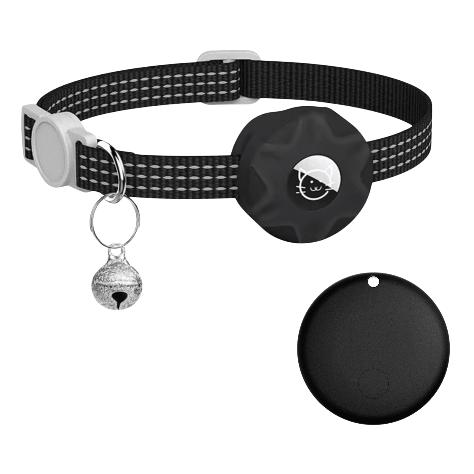 Smart Pet Tracker featuring a reflective collar designed for dogs and cats, equipped with Bluetooth location tracking and an alarm function for enhanced safety and monitoring. 15