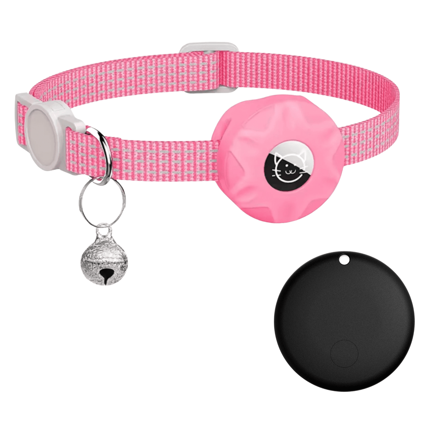 Smart Pet Tracker featuring a reflective collar designed for dogs and cats, equipped with Bluetooth location tracking and an alarm function for enhanced safety and monitoring. 9