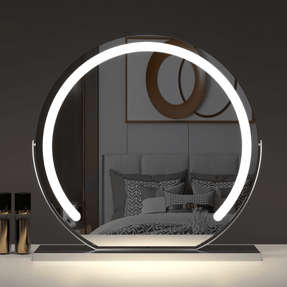 Smart Touch Lighted Makeup Mirror featuring 360° rotation and adjustable tri-tone LED lighting for perfect makeup application. 2