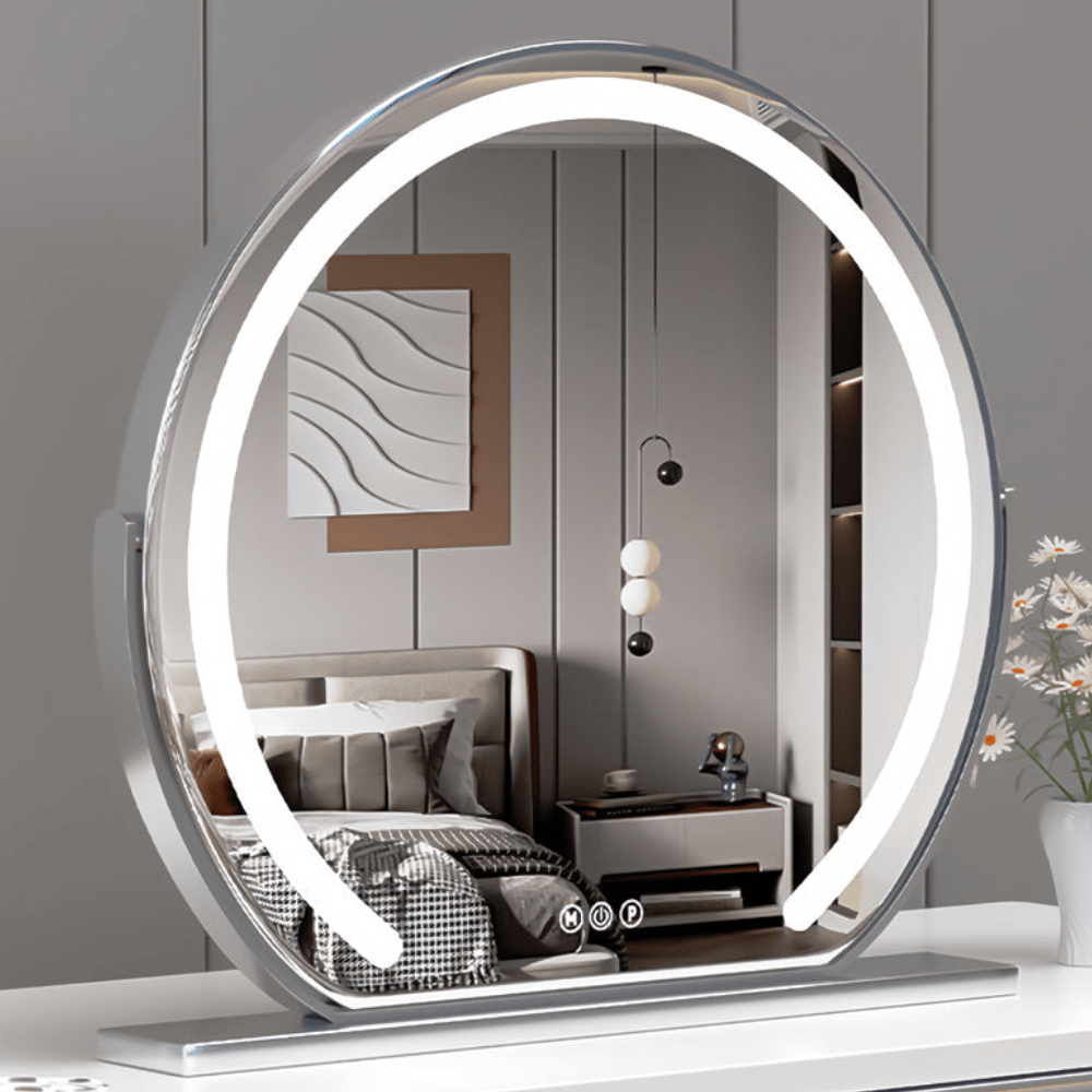 Smart Touch Lighted Makeup Mirror featuring 360° rotation and adjustable tri-tone LED lighting for perfect makeup application. 3