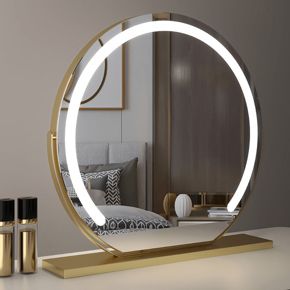 Smart Touch Lighted Makeup Mirror featuring 360° rotation and adjustable tri-tone LED lighting for perfect makeup application. 4