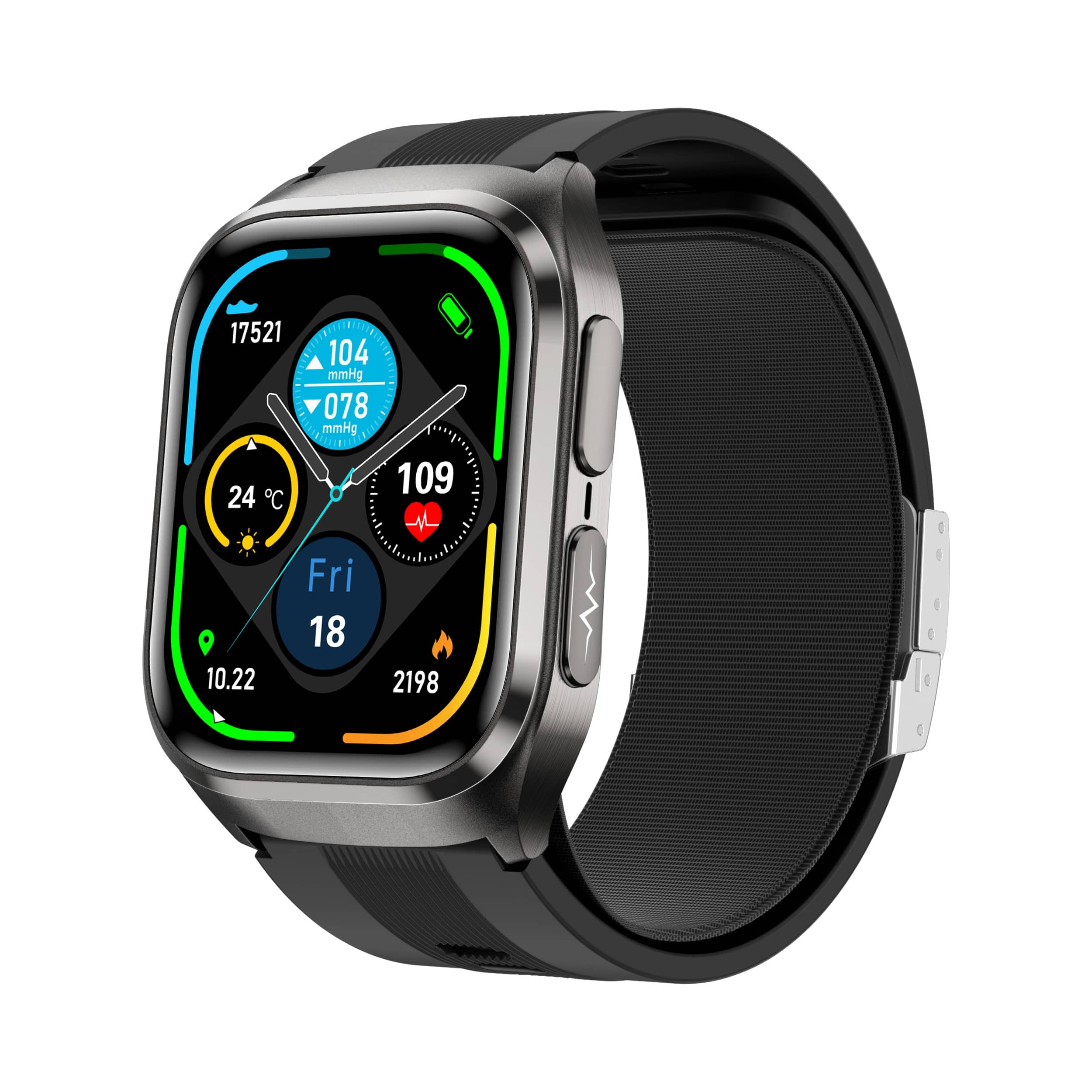 Smart Watch featuring an Air Bag Blood Pressure Monitor and comprehensive health tracking, equipped with a vibrant 2.06-Inch AMOLED screen. 0